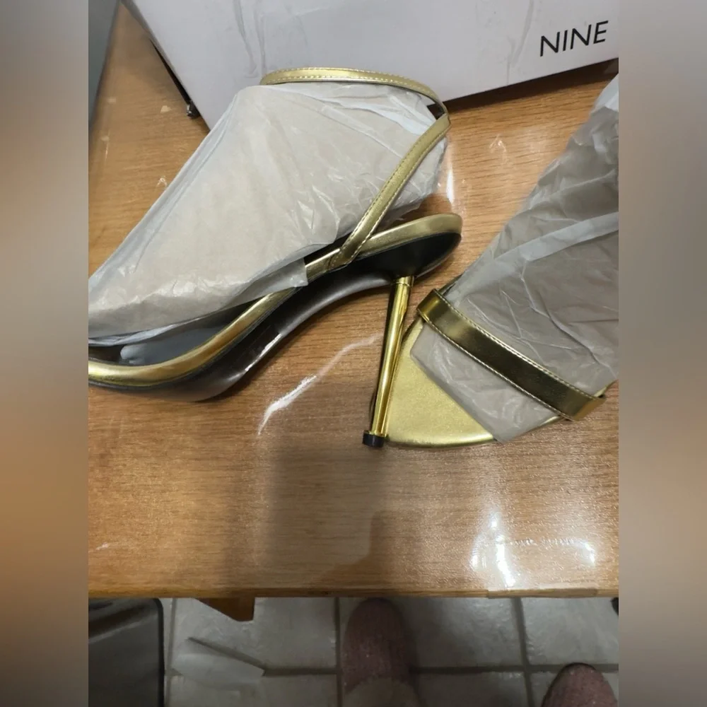 Nine West Women's Gold Reina Ankle Strap High Stiletto Heel Sandals sz 10 New!